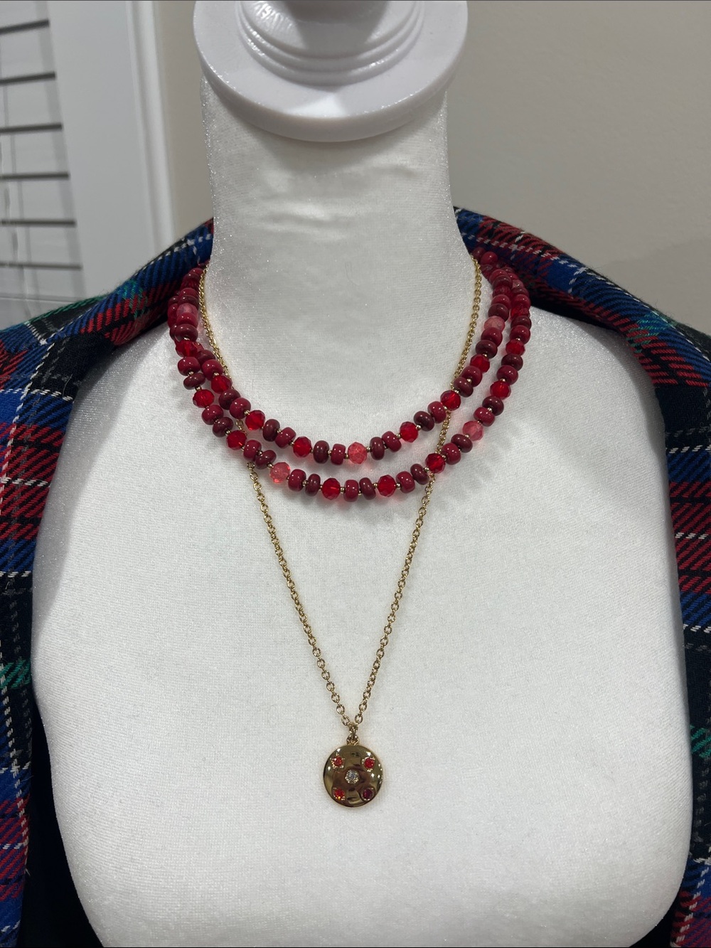 Talbots Gold Pendant Necklace with Red Beaded Layers